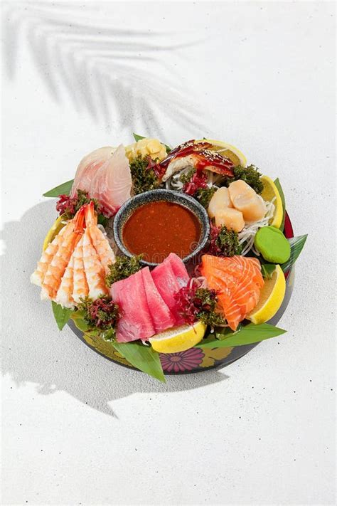 Sashimi Set From Raw Seafood Salmon Tuna Eel Perch Shrimps Sea