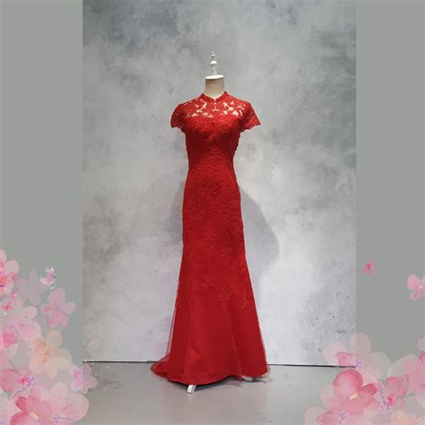 Evening Dress CC610E06 Red Cheongsam Alencon Lace 21 Oriental Cheong