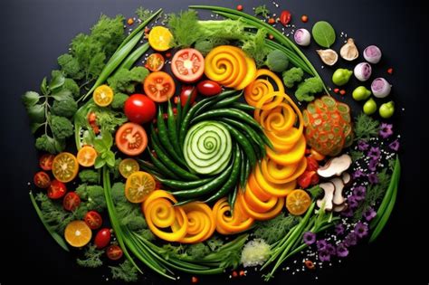 Fresh And Colorful Vegetables And Fruits Arranged In A Circular Pattern