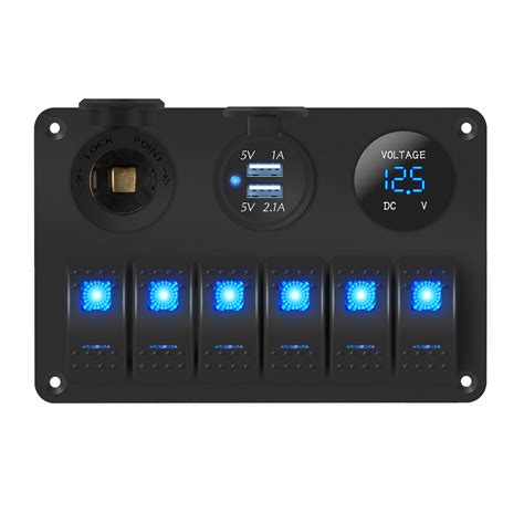 Aluminum 6 Gang Rocker Switch Panel With Cigarette Lighter And Dual USB