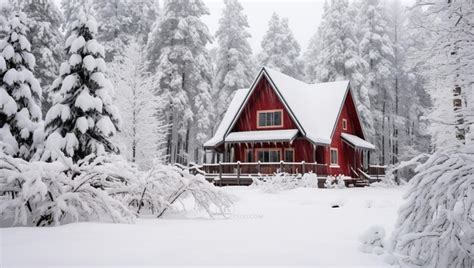 Premium Ai Image Red Wooden House In The Winter Forest