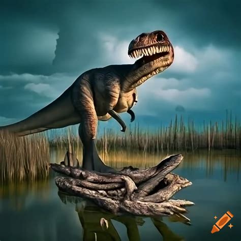 Baryonyx Dinosaur In A Marshland With Driftwood Looking At A Herd Of