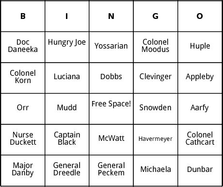 Catch 22 Characters bingo by Bingo Card Template