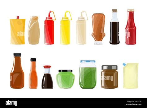 Blank Glass And Plastic Bottles And Packages Of Various Sauces Flat Set Isolated Vector