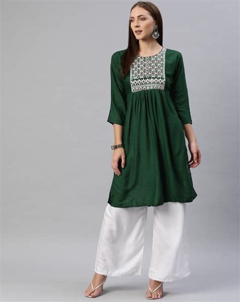 Buy Aarika Women S Dark Green Color Embroidery Work Flaired Kurti