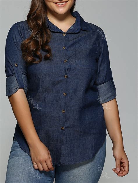 [31 Off] Plus Size Button Down Dark Denim Shirt Rosegal