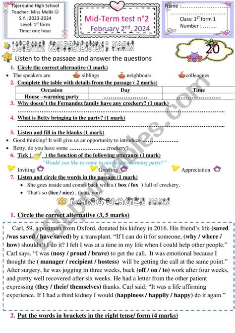 1st Form Mid Term Test 2 Esl Worksheet By English Teacher 38