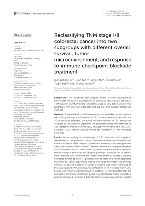 PDF Reclassifying TNM Stage I II Colorectal Cancer Into Two Subgroups