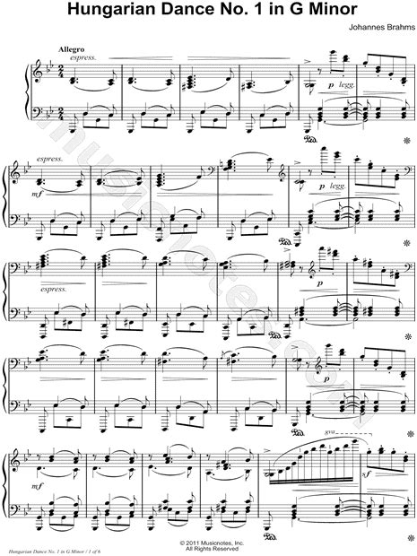 Johannes Brahms Hungarian Dance No 1 In G Minor Sheet Music Piano