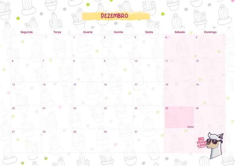 Calendario Mensal Lhama Dezembro Fazendo A Nossa Festa