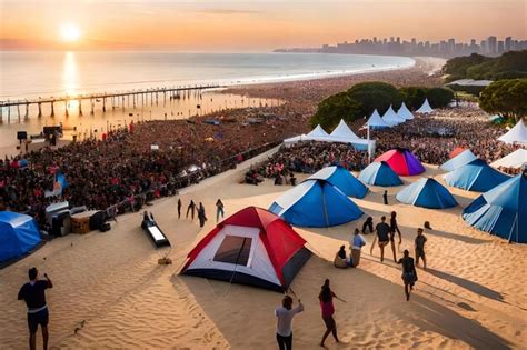 Premium AI Image | A beach scene with a tent and a beach and people in the background.