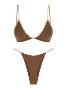 ZAFUL Ribbed Contrast Binding High Leg String Bikini Swimwear In COFFEE