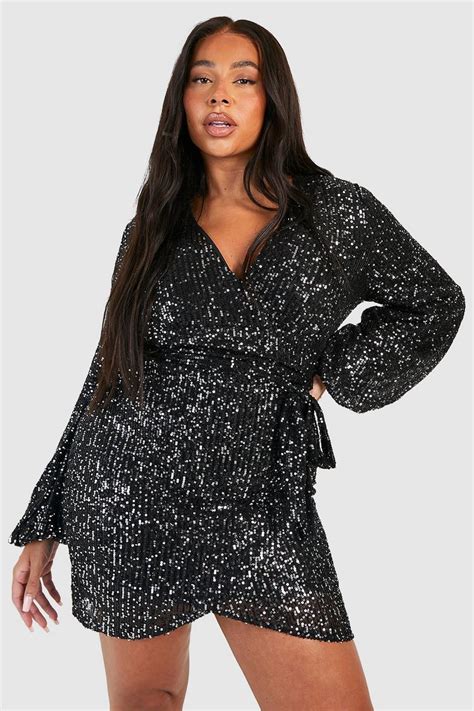 Plus Sequin Tie Belt Wrap Dress Boohoo Usa