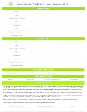 Fillable Online Junior Squash Application Form Summer 2016 Fax Email