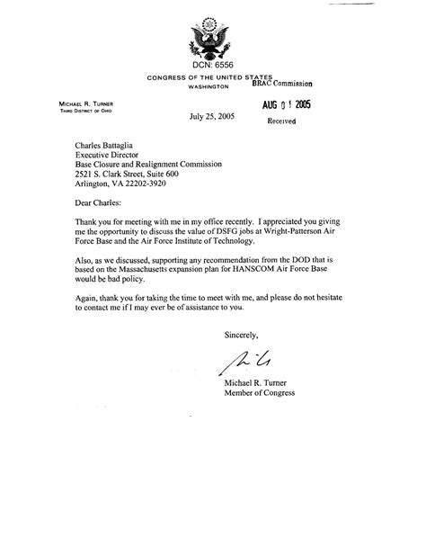 Letter From Congressman Michael R Turner To Brac Executive Director