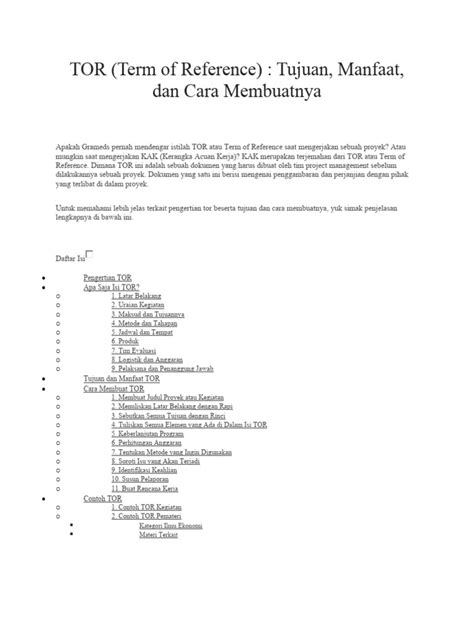 Tor Term Of Reference Tujuan Manfaat Dan Cara Membuatnya Pdf