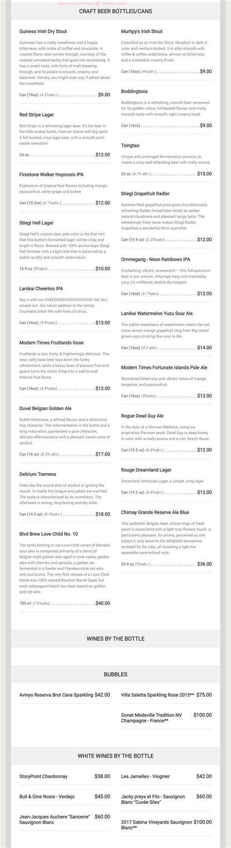 Menu at The Temple Bar, Hilo