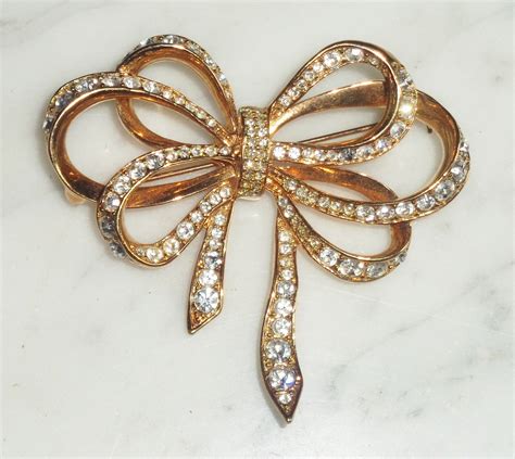 Kenneth J Lane Rhinestone Bow Brooch Vintage Gold Tone Metal Etsy