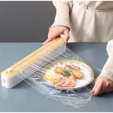 2 In 1 Plastic Wrap Dispenser Cling Film Dispenser Cutter Saran Wrap ...