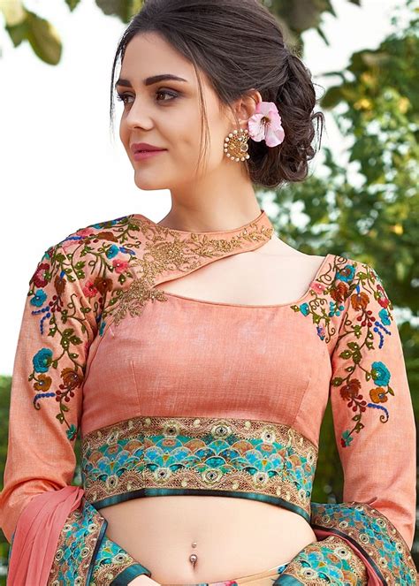 Peach Floral Printed Satin Silk Lehenga Choli Lehenga Lg Trendy