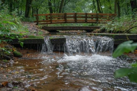 Gentle Creek Flowing Under A Wooden Bridge In A Countryside Setting Ai