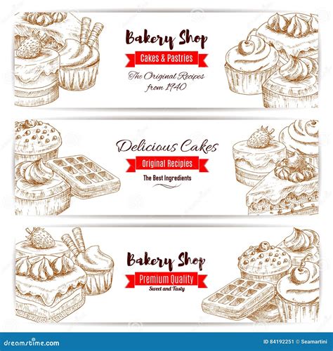 Bakery Shop Dessert Cakes Sketch Banners Set Stock Vector