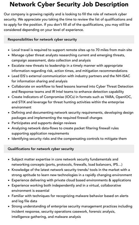 Network Cyber Security Job Description Velvet Jobs