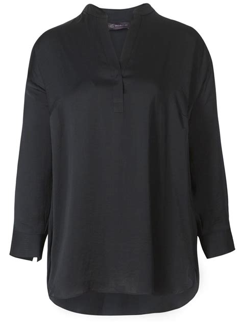 Marks And Spencer M Curve Black Satin Notch Neck Long Sleeve