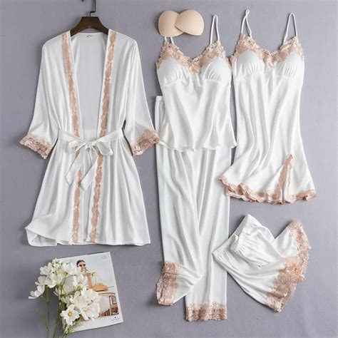 Sexy feminino 5pcs robe conjunto de cetim rayon roupão de banho vestido