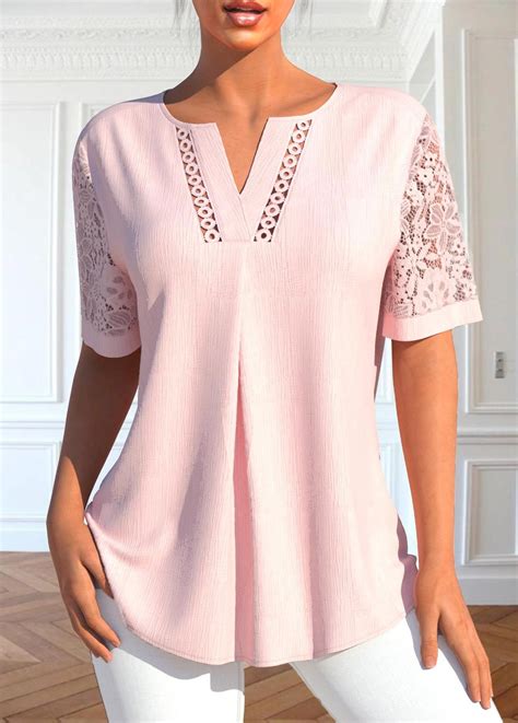 Rotita Patchwork Light Pink Split Neck Short Sleeve Blouse Blusas