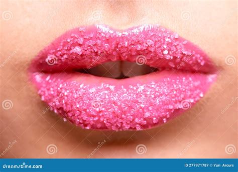 Woman Mouth Pink Lipstick And Sugar Scrub Closeup Makeup And Beauty