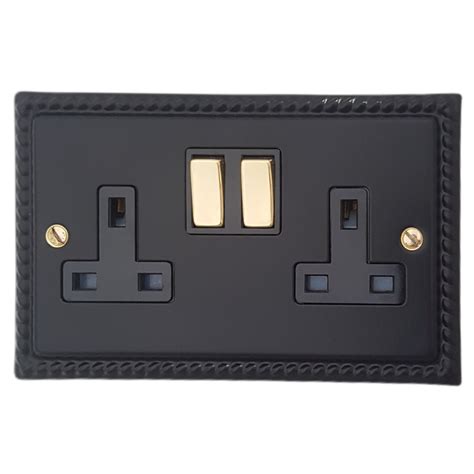 G H Georgian Black Double Socket Black Insert Polished Brass Switches