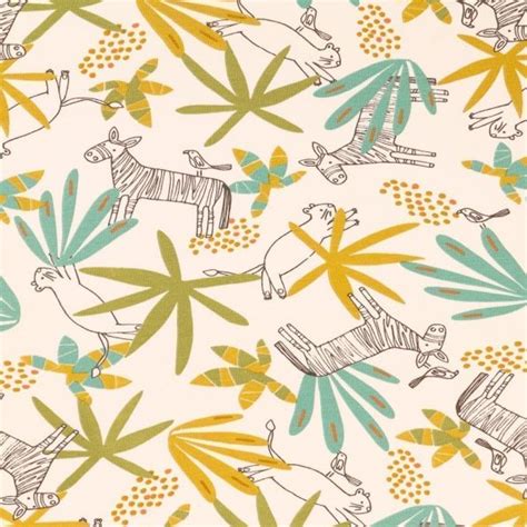 Tissu Jersey Coton Arty Animaux Et Feuilles De Palmiers Sur Fond Ecru