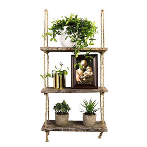 Tier Floating Wood Wall Shelf Jute Rope Swing Hanging Window Shelf