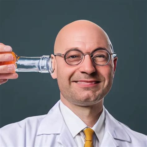 A Bald Scientist Drinking Out Of A Comically Small Cup Stable