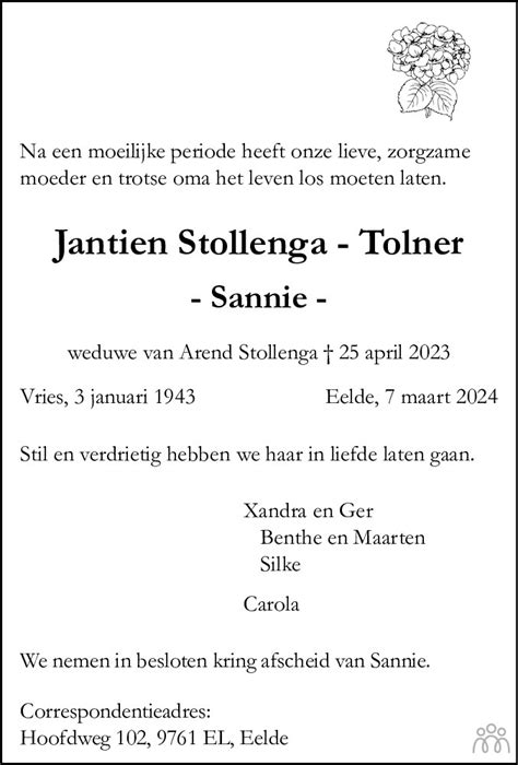 Jantien Sannie Stollenga Tolner Overlijdensbericht En