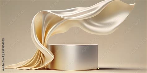 D Display Podium Beige Background With Pedestal And Flying Nude Color Silk Cloth Curtain