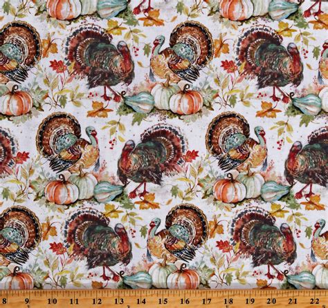 Cotton Turkeys And Pumpkins Thanksgiving Autumn Fall Leaves Cream