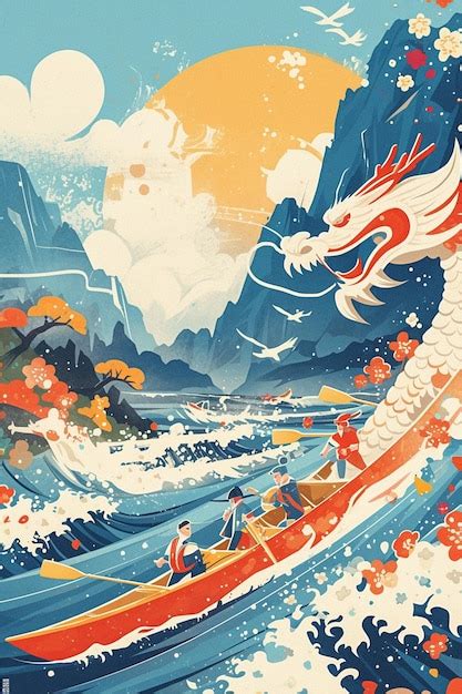 Premium Vector Chinese Dragon Boat Racing In River Scenes