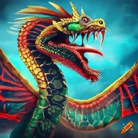 The Legendary Quetzalcoalt God In The Form Of A Feathered Serpent