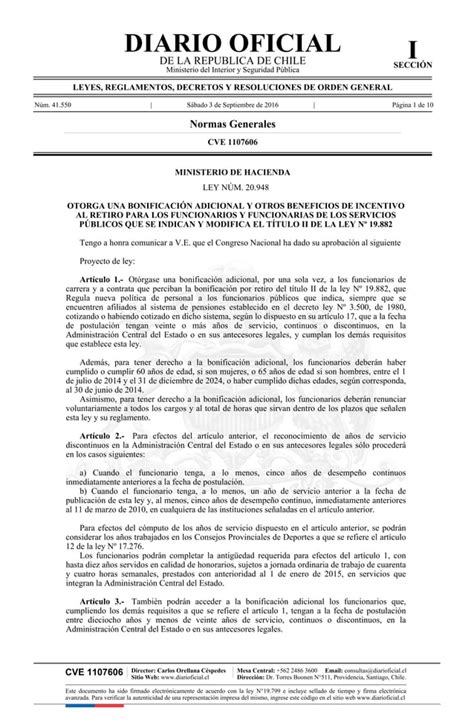 Ley N 20948 Incentivo al Retiro Funcionarios de la Administración del