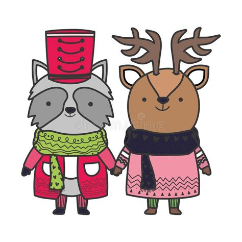 Merry Christmas Celebration Raccoon And Deer With Sweater Scarf Hat