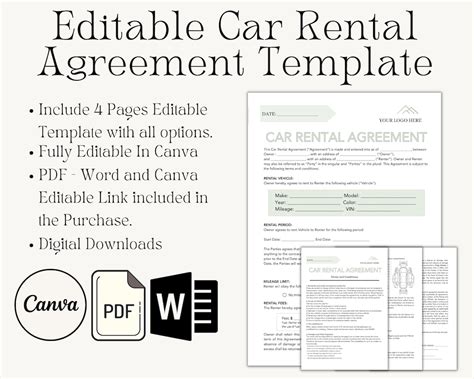 Editable Car Rental Agreement Template Car Rental Contract Car Rental Form Car Lease