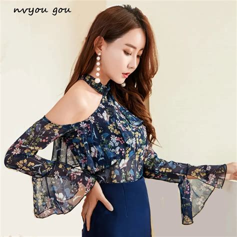 Nvyou Gou Women One Shoulder Floral Print Chiffon Blouse Female Long Sleeve Halter Collar Flare