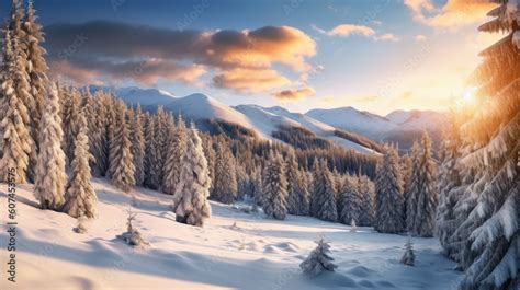 Snow mountain and sunset sky background. Season and environment concept ...