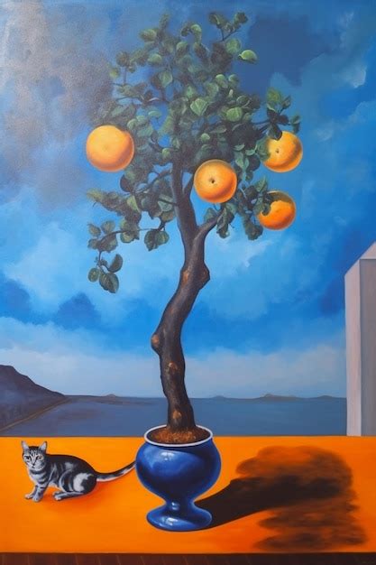 Una pintura de un gato y un árbol con naranjas Foto Premium