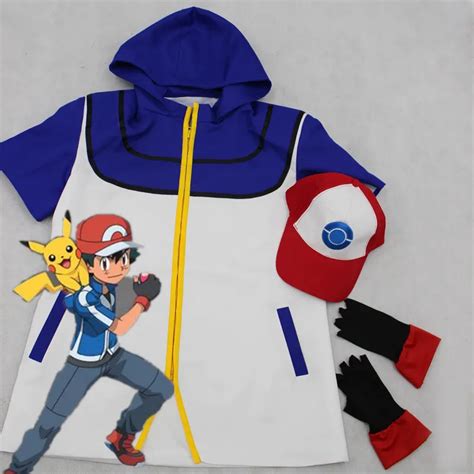 Full Set Pokemon Ash Ketchum Costume Cosplay Jacket Gloves Hatdoll On