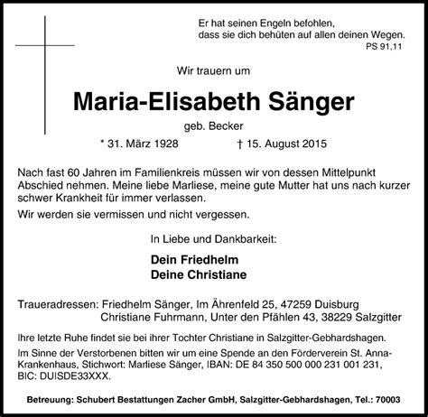 Traueranzeigen Von Maria Elisabeth S Nger Trauer In Nrw De