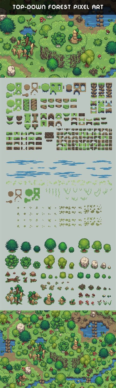 The Top Down Forest Pixel Map Is Shown In Three Different Colors And Sizes Including Green Grass