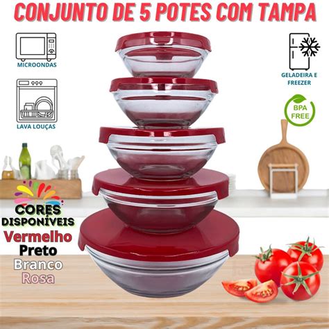 Conjunto Potes de Vidro C Tampa Kit 5 ou 3 Tigelas Redonda Hermético